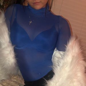 Blue mesh bodysuit turtleneck